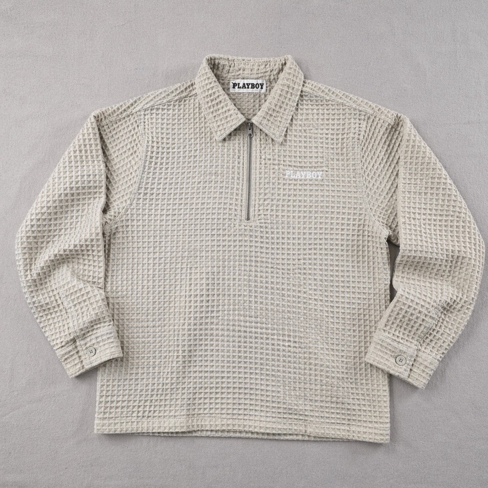 Playboy PacSun Pullover Mens M Waffle Knit 1/4 Zip‎ Logo Beige